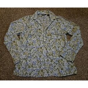 Eddie Bauer Womens Top Size M Long Sleeve Floral V Neck Pullover Thin Green/Blue